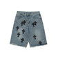 CHROME HEARTS BLACK CROSS PATCH JORTS WASHED DENIM